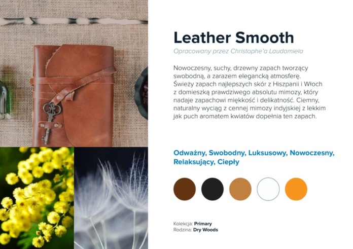 Nuty zapachowe Leather Smooth: skóra, ambra, drewno cedrowe. Zapach luksusowy i męski.